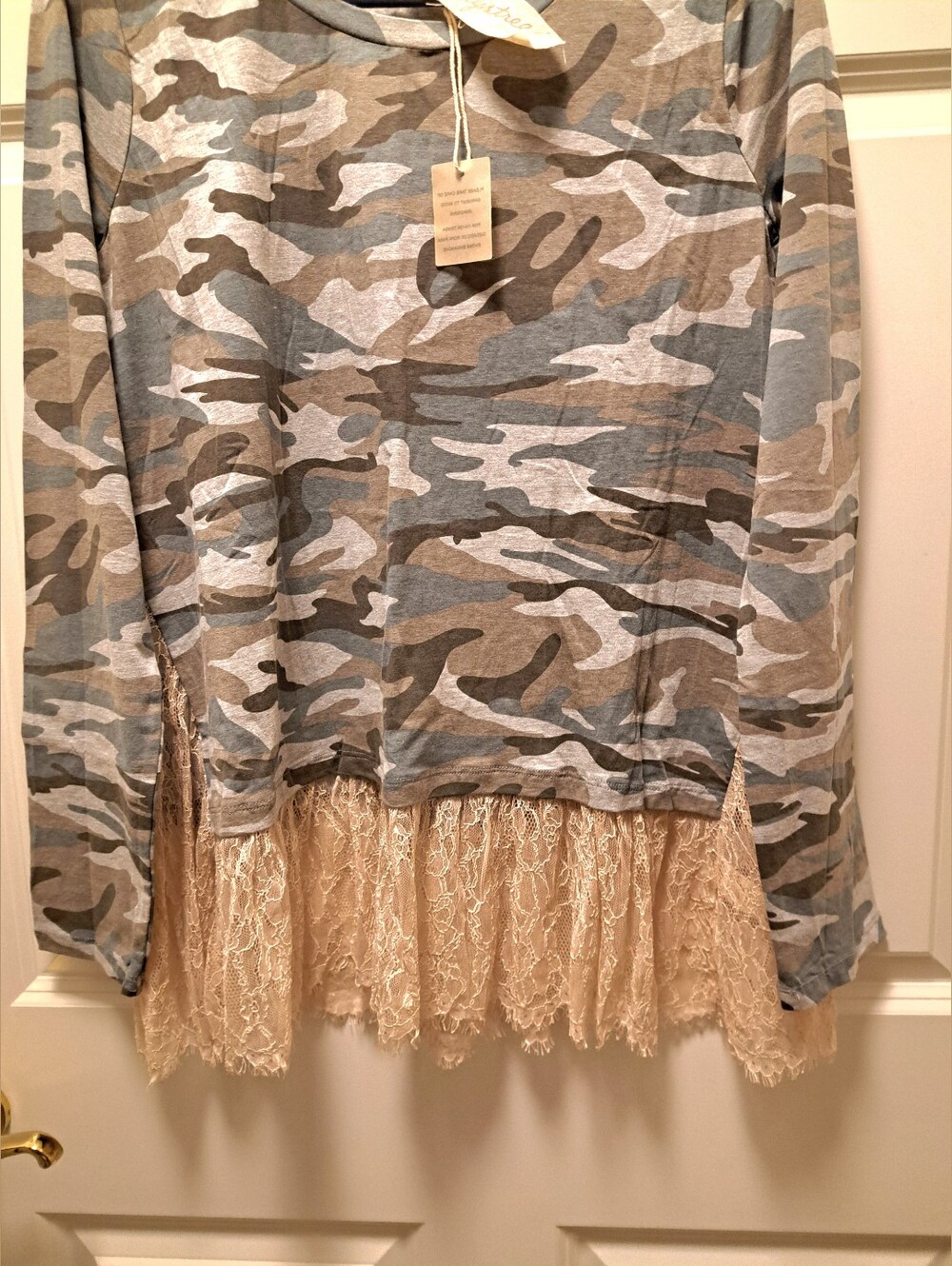 MYSTREE green CAMO sweatshirt LACE TOP new LONG SLEEVES size large 40" CHEST - Picture 3 of 6